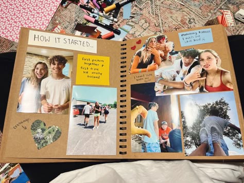 Love Photo Album Ideas, 6 Month Scrapbook Ideas Boyfriend, Brown Paper Scrapbook, Cute Photo Album Ideas For Boyfriend, Scrap Book Ideas Layouts Aesthetic, Creative Photo Albums Diy, The Story Of Us Scrapbook, Picture Book Boyfriend, Memories Book For Boyfriend