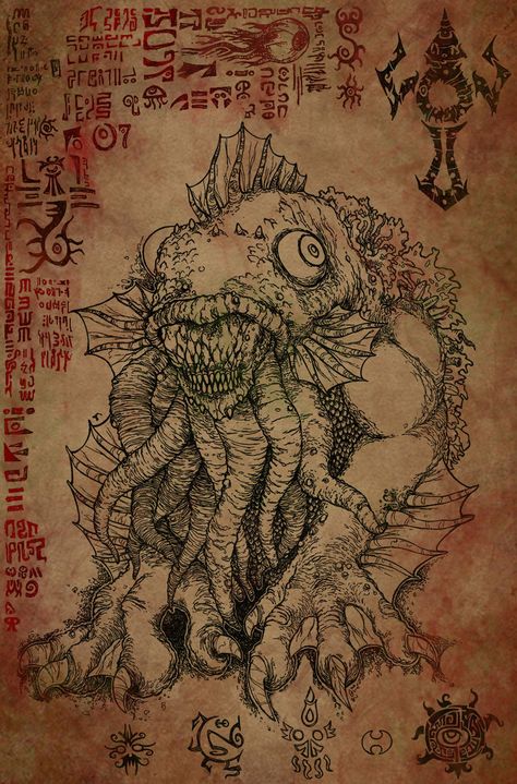 The Litany of Dagon by ~hawanja on deviantART Lovecraftian Art, Spell Art, Lovecraft Monsters, Lovecraft Art, Larp Props, Call Of Cthulhu Rpg, Lovecraft Cthulhu, Bathroom Master, Lovecraftian Horror