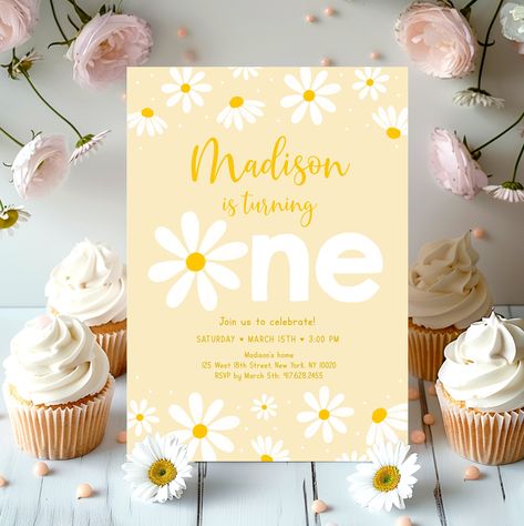 Daisy First Birthday Invitation Retro Daisy Birthday Invite Yellow Daisy Party Girl Flower First Birthday Editable Digital Download A691 Yellow First Birthday Party, Daisy Flower Invitation, Flower First Birthday, Daisy First Birthday, Daisy Invitations, Daisy Birthday, Daisy Party, Retro Daisy, Shipping Envelopes