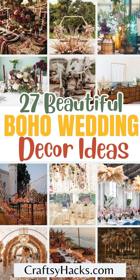 Create the enchanting boho chic wedding of your dreams with our beautifully curated wedding decorations that capture the essence of bohemian elegance. These boho wedding ideas combine rustic aesthetics with lush florals and eclectic accents to bring your whimsical wedding vision to life. Boho Decorations For Wedding, Inexpensive Boho Wedding Decor, Rustic Bohemian Wedding Ideas, Ranch Wedding Ideas Outdoor Receptions, Spring Boho Wedding Ideas, Wedding In May Ideas, Neutral Earthy Wedding, Diy Eclectic Wedding Decor, Rustic Boho Chic Wedding