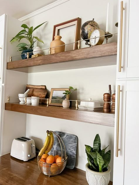 Floating Shelves Brass Rail, Floating Shelves With Rail, Floating Shelf With Brass Rail, Floating Shelves With Brass Rail, Floating Shelves With Railing, Brass Rail Shelving, Diy Open Shelves, Brass Railing, Olive Kitchen