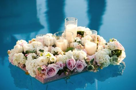 joyful weddings and events Floating Pool Flowers, Backyard Wedding Pool, Pool Wedding Decorations, Flowers Backyard, Flowers And Candles, Backyard Wedding Ceremony, Floating Decorations, Pool Wedding, Wedding Backyard Reception