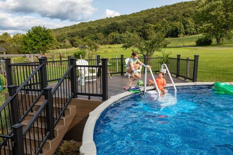 Privacy For Above Ground Pool, Swimming Pools Backyard Inground, Deck Gardening, Pool Deck Furniture, Oval Above Ground Pools, Pool Deck Decorations, Deck Diy, Round Above Ground Pool, Build A Deck