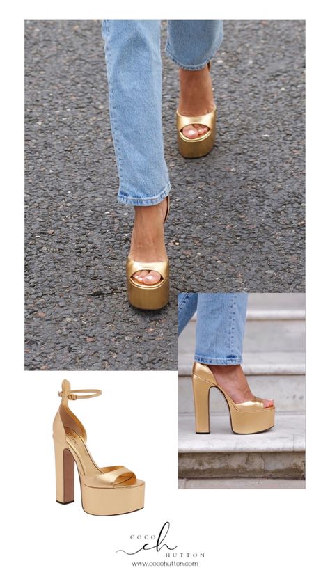 Valentino Platform Heels Outfit, Gold Platform Heels Outfit, Outfits With Gold Heels, Metallic Heels Outfit, Gold Heels With Chunky Platform And Round Toe, Gold Platform Heels For Gala, Platform Heels Outfit Ideas, Platform Heel Outfit, Gold Elegant Platform Sandals