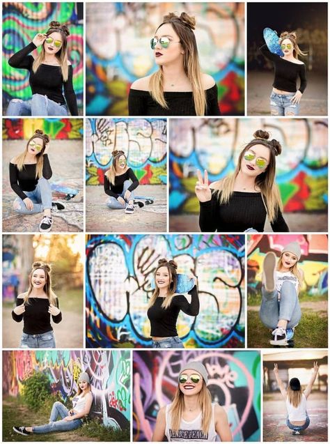 Girl Sunglasses, Senior Portraits Girl, School Senior Pictures, Senior Photography Poses, Colorful Graffiti, Graffiti Photography, Senior Photo Poses, High School Senior Pictures, Space Buns