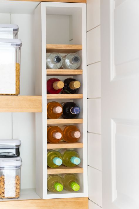 Diy Built In Wine Rack Cabinets, Vertical Wine Storage, Built In Wine Rack Cabinets, Wine Rack Kitchen Cabinet, Diy Bottle Rack, Pantry Wine Storage, Pantry Wine Rack, Wine Rack Above Fridge, Diy Wine Cabinet