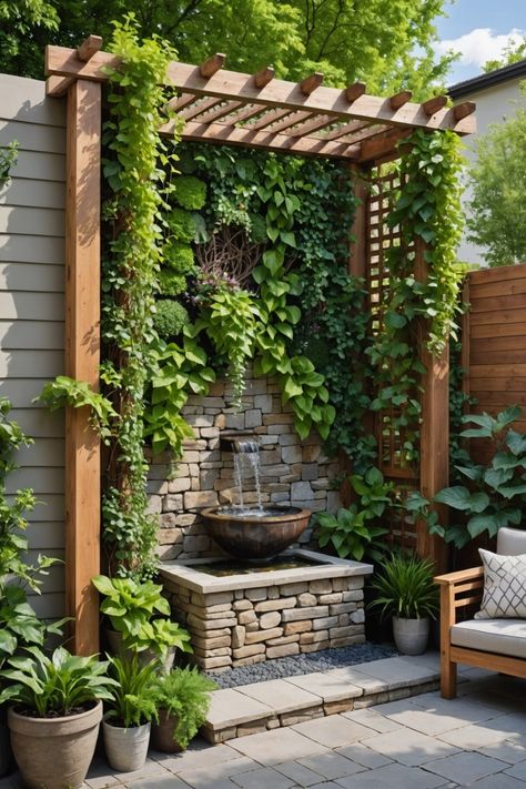 Landscape Small Backyard, Side Yard Pergola, Garden Walls Ideas, Square Garden Ideas, Garden Feature Wall, Outside Decor Ideas, Backyard Fountain Ideas, Outdoor Room Divider, Landscape Ideas For Backyard