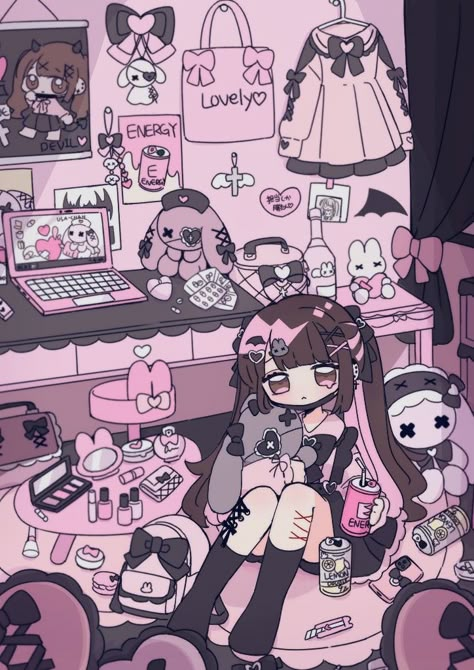 Menhera Aesthetic, Jirai Kei Art, Cutecore Anime, Girly Kei, Dark Kawaii, Kei Visual, Yami Kawaii, Jirai Kei, Cute Room