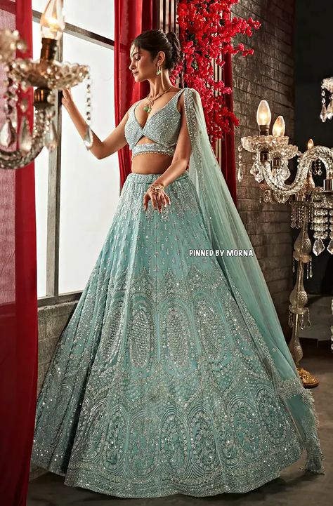 Annu's Creation - India 🇮🇳 Teal Lengha Bridal Lehenga, Sea Blue Lehenga, Light Color Lehenga, Turquoise Lengha, Annus Creation, Sangeet Outfit Bridal, Powder Blue Lehenga, Pearl Lehenga, Light Blue Lehenga