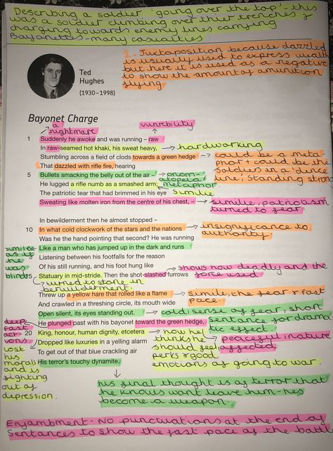 #bayonetcharge #bayonet #charge #war #poem #analysis #english #englishliterature #tedhughes #exam #nots #highlighters #revision Gcse English Poem Analysis, Bayonet Charge Annotations, Bayonet Charge Analysis, Poem Analysis Gcse, Revision Organisation, English Language Gcse Revision, Bayonet Charge, Poetry Revision, English Literature Poems