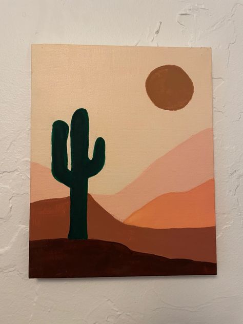 Cactus sunset painting  easy Canvas Painting Ideas Cactus, Sunset With Cactus Painting, Sunset Cactus Painting Easy, Easy To Draw Sunset, Western Cactus Painting, Canvas Painting Cactus, Simple Paintings With Quotes, Asethic Paintings Easy, Sunset Cactus Painting