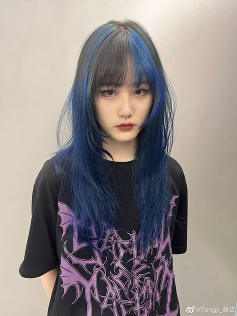 Asymmetrical Dyed Hair, Top Of Hair Dyed, Blue And Black Split Dye Short Hair, Blue And Dark Brown Hair, Half Blue Half Black Hair, Black Hair Blue Tips, Bangs Blue Hair, Blue Tips Hair, Blue Brown Hair