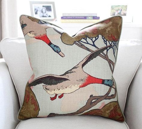 Pillows - Mulberry Flying Ducks Pillow Cover in Sky by PinkandPiper I Etsy - flying duck pillow, flying duck print pillow, gray flying duck ... Mulberry Flying Ducks, Babyletto Hudson Crib, Ivory Living Room, Monogram Bedding, Flying Ducks, Blue Sectional, Mulberry Home, Blue Pillow Covers, Orange Pillows