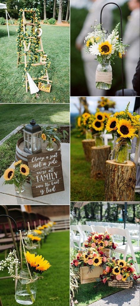 Sunflower Wedding Ideas, Fall Sunflower Weddings, Sunflower Wedding Decorations, Rustic Sunflower Wedding, Large Pillar Candles, Rustic Summer Wedding, Sunflower Themed Wedding, Wedding Ceremony Ideas, Summer Wedding Decorations