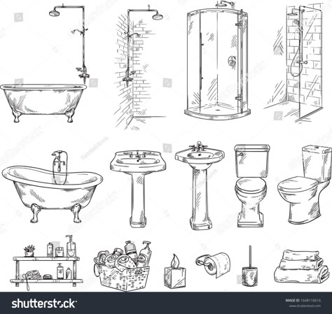 Set of bathroom objects: bathtub, shover, sink and toilet bowl. Bathroom accessories vector sketch. #Ad , #AD, #bathtub#shover#sink#Set Navy Blue Bathroom Accessories, Bathroom Objects, Bathroom Sketch, Sink Drawing, Toilet Drawing, Navy Blue Bathroom, Bathroom Illustration, Bathroom Drawing, Accessories List