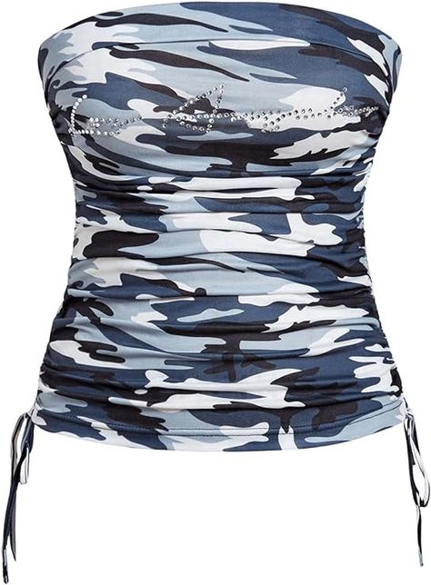 Link in pin. SOLY HUX Women's Camo Print Ruched Tube Top Sleeveless Strapless Rhinestone Drawstring Side Tops. Letter Decoration, Rhinestone Letters, Womens Camo, Y2k Outfits, Camouflage Print, Blue Camo, Top Sleeveless, Camo Print, Cami Tanks