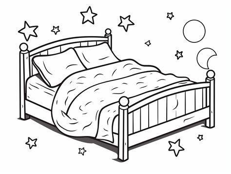 illustration of Easy bed coloring page for children Easy Bed, Family Coloring Pages, Relaxing Night, Unique Coloring Pages, Simple Bed, Fluffy Pillows, Cozy Bed, Free Kids, Coloring Sheets