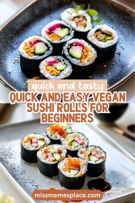 Looking for a quick and satisfying meal? These easy vegan sushi rolls are your answer! Using just a handful of fresh ingredients like nori, rice, and colorful veggies, you can create delicious homemade sushi that’s both healthy and visually stunning. Perfect for lunch, dinner, or as a delightful snack, this recipe allows for endless customization. Impress your friends and family with your sushi-making skills and enjoy a light, nutritious meal that’s packed with flavor! Easy Vegan Packed Lunch, Veggie Sushi Recipes, Vegan Sushi Recipe, Easy Sushi Rolls, Sushi Rolls Recipe, Sushi Rolls At Home, Easy Sushi Recipes, Vegan Sushi Rolls, Colorful Veggies