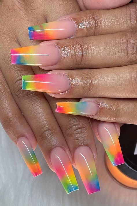 Rainbow Nails Design, Multicolored Nails, Rainbow Nail, Dark Nail, Nails Yellow, Summery Nails, Vibrant Nails, Cute Acrylic Nail Designs, Blue Nail