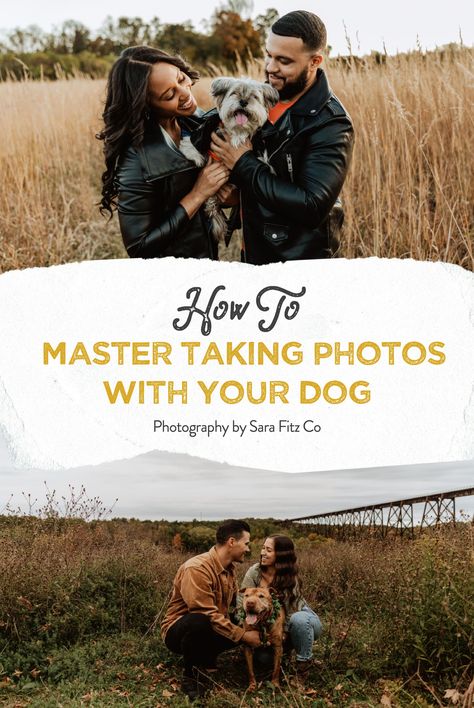 Photography Poses to do with your dog | Dog Poses | Master Taking Photos with your dog | Photo Ideas with your dog | Dog Photo Inspo | Couples Photos with Dogs | Cute Poses with Your Dog | Engagement Photographer | Adventure Wedding Photographer | East Coast Photographer | Travel Wedding Photographer | Couples Photographer | Elopement Photographer | How to Incorporate your Dogs in Your Wedding Photos | Photos by Sara Fitz Co Photos With Pets Ideas, Couple Posing With Dog, Family Portrait Poses With Dog, Couple With Dog Fall Photos, Engagement Photos With Dogs Fall, Couple And 2 Dogs Photoshoot, Couple Pose With Dog, Christmas Card Outfits Couple With Dog, Couple With Dog Poses