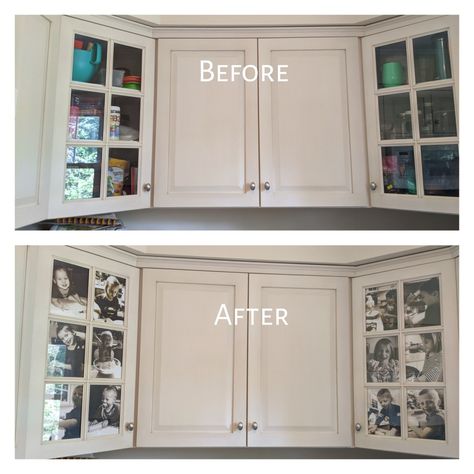 Add photos to your glass cabinet doors to make them look nice and conceal the mess inside. Update Glass Cabinet Doors, Kitchen Glass Cabinet, Kitchen Cabinet Glass, Glass Kitchen Cabinet, Glass Kitchen Cabinet Doors, Glass Kitchen Cabinets, Glass Cabinet Door, Clothes Cabinet, Cabinet Glass