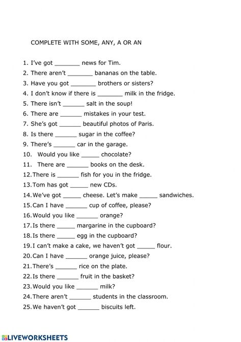 Some And Any Worksheets, Determiners Grammar Worksheets, A An Some Any Worksheet, Determiners Worksheets, Some Any Worksheet, Simple Present Tense Worksheets, Some Any, Article Grammar, Conjunctions Worksheet