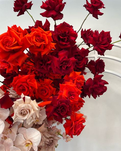 Red Floral Arrangements Wedding, Dark Red Floral Arrangements, Red White Floral Arrangements, Ombre Flowers, Magenta Wedding, Rose Floral Arrangements, White Floral Arrangements, Red And White Flowers, Flower Installation