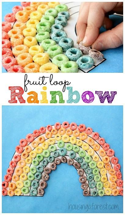 WEATHER - BOOK - WHAT MAKES A RAINBOW Fruit Loop Rainbow craft ~ Simple Preschool activity Fruit Loop Rainbow, Rainbow Craft, Rainbow Activities, March Crafts, St Patricks Day Crafts For Kids, St Patrick Day Activities, Spring Preschool, Fruit Loops, Daycare Activities