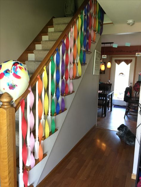 Rainbow stairs Birthday Party Staircase Decor, Streamers In Doorway, Stair Decorating Ideas For Party, Streamers On Stairs, Stairs Decoration Ideas For Party, Stair Railing Decorations Birthday Party, Staircase Birthday Decorations, Birthday Stairs Decoration, Staircase Party Decor