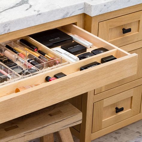 Bathroom Cabnit Organization Storage Ideas, Vanities With Drawers Only, Bathroom Vanity Drawer Inserts, Bathroom Vanity For Her, Hair Appliance Storage Vanity, Adding Drawers To Bathroom Vanity, Open Bottom Bathroom Vanity, Bathroom Makeup Cabinet, Makeup Vanity Drawers