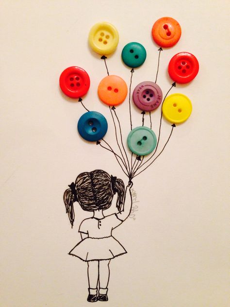 Drawing of a little girl holding balloons (buttons) Girl Holding Balloons, Button Creations, Pola Kristik, Pola Sulam, 자수 디자인, Assisted Living, Button Cards, Button Art, Birthday Cards Diy