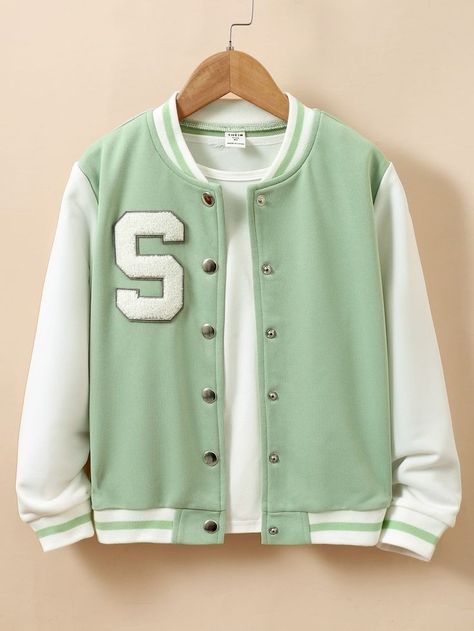 Green Clothes Aesthetic, Green Varsity Jacket, Mint Green Jacket, Mint Outfit, Green Clothes, Varsity Jacket Outfit, Green Clothing, Shein Kids, Fashion Top Outfits