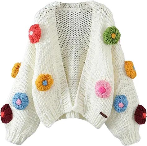 Kawaii Flower, Oversized Cropped Sweater, Puff Sleeve Cardigan, Crochet Cardigan Sweater, Flower Sweater, Women's Cardigans, Loose Coats, Sweater Season, Gilet Long