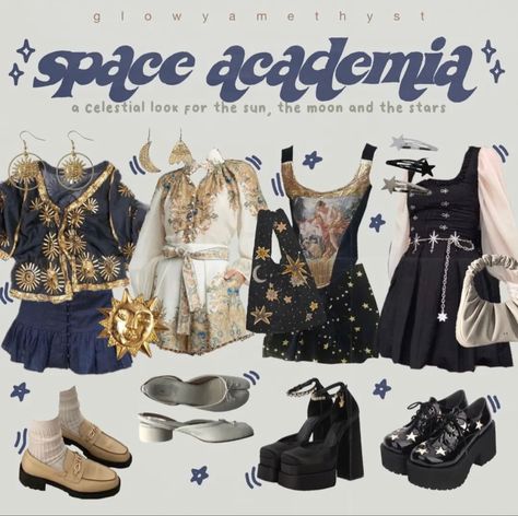 Astrology Inspired Outfits, Astronomy Clothes Aesthetic, Astrology Aesthetic Clothes, Cosmic Core Aesthetic Outfits, Astronomer Aesthetic Outfit, Space Acedamia Outfits, Celestial Academia Outfit, Hadestown Aesthetic Outfit, New Wave Aesthetic Outfit