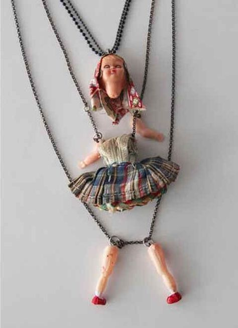 Childhood Nightmares, Necklaces Ideas, Weird Jewelry, Doll Jewelry, Creepy Dolls, Assemblage Art, Doll Parts, Doll Head, Plaid Dress