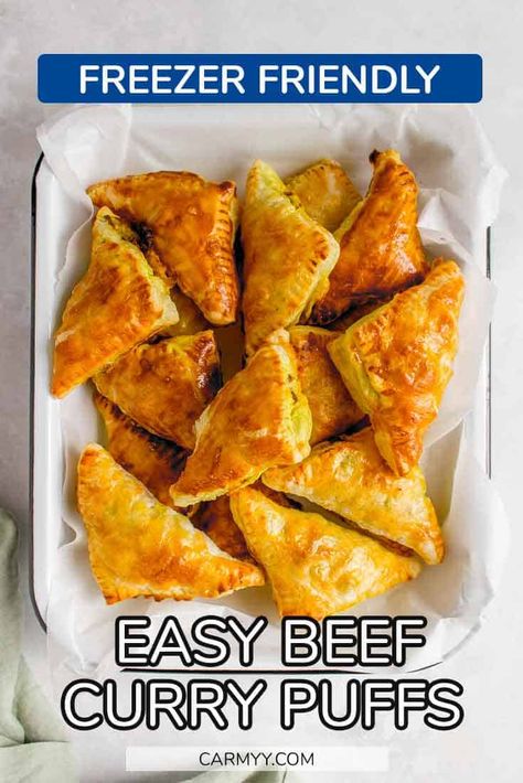 Inspired by the curry pastries at dim sum and Chinese bakeries, these Beef Curry Puffs are so comforting and easy to make! Whether you’re eating a couple of them as a meal or as a grab-and-go snack, these curry puffs are packed with flavour and will always hit the spot! Grab And Go Dinner Ideas, Curry Chicken Puff Pastry, Curry Meat Pie, Curry Puffs, Curry Puffs Recipe, Curry Puffs Thai, Beef Curry Puff Recipe, Baked Curry Puff Recipe, Curry Puff Recipe