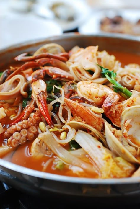 Haemul Jeongol (Spicy Seafood Hot Pot) Seafood Hot Pot, Korean Seafood, Koreansk Mad, Fish Broth, Seafood Soup Recipes, Hot Pot Recipe, Spicy Seafood, Christian Calendar, Spicy Korean