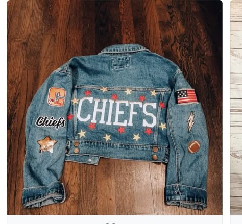 Nfl Jean Jacket Diy, Football Jean Jacket Diy, School Spirit Jean Jacket, College Denim Jacket, Chiefs Denim Jacket, Game Day Jean Jacket, Chiefs Jean Jacket, Baseball Jean Jacket, College Jean Jacket