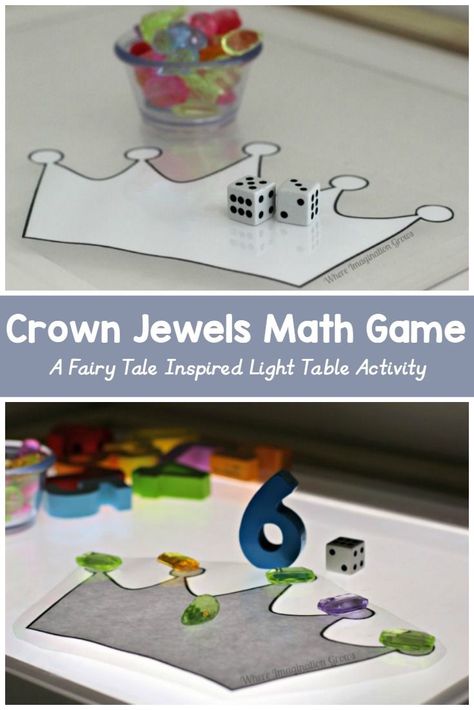 Fairy tale inspired math game for preschoolers on the light table. Teaches beginning math and counting practice! Fairy Tale Math, Fairy Tales Preschool Activities, Game For Preschoolers, Fairy Tales Preschool, Preschool Classrooms, Princess Activities, Fairy Tale Activities, Fairy Tales Unit, Fairytale Theme