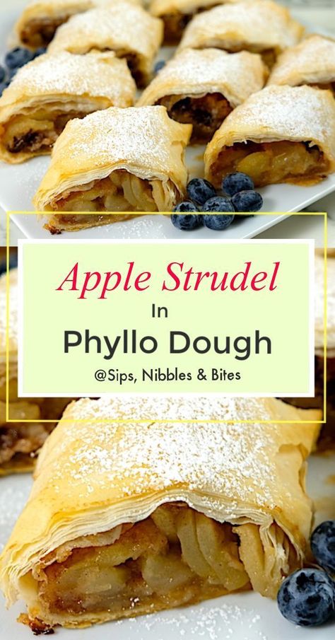 Mini Apple Strudel, Easy Apple Strudel Recipe, Philo Dough, Apple Strudel Recipe, Easy Apple Strudel, Phyllo Dough Recipes, Phyllo Recipes, Pastries Recipes Dessert, Strudel Recipes