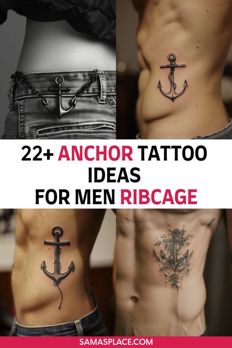 Anchor tattoo on a man’s ribcage, with detailed shading and rope accents, symbolizing grounding and resilience. Men’s Anchor Tattoo, Rope Tattoo For Men, Rib Cage Tattoos For Men, Anchor Tattoo For Men, Anchor Tattoo Ideas, Simple Anchor Tattoo, Small Anchor Tattoos, Rope Tattoo, Symbols Of Strength Tattoos