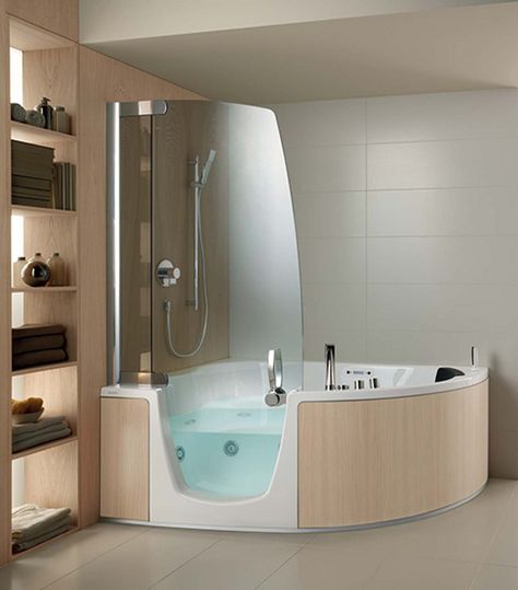 Teuco Corner Whirlpool Shower Integrates Shower With Bathtub Corner Bathtub Shower, Corner Tub Shower, Corner Jacuzzi Tub, Bath Shower Combination, Bathroom Tub Shower Combo, Bathtub Shower Combo, Small Bathtub, Jetted Bath Tubs, Bathroom Tub Shower