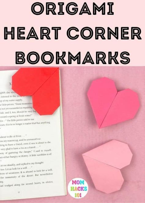 Valentine Origami Bookmark Heart Corner Craft - Mom Hacks 101 Easy Origami Heart Bookmark, Heart Paper Bookmark, Valentine’s Day Art Projects For Teens, Diy Bookmark Valentines For Kids, Valentines Bookmark Craft, Heart Paper Origami, Book Mark Valentines, Valentine Day Origami, Origami Heart Bookmark Tutorial