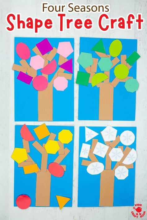 How to make a seasonal shape tree. Math Art Activities, Art Activity For Kids, Shapes Lessons, Shape Activities Preschool, Teaching Shapes, Kids Craft Room, Seasons Activities, Math Crafts, Toddler Art Projects