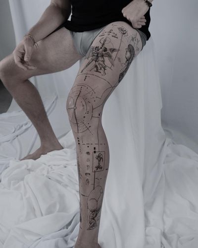 Leg Fine Line Tattoo, Single Leg Tattoo, Fine Line Tattoo Leg, Elegant Leg Tattoos, Fine Needle Tattoo, Perspective Tattoo Design, Line Leg Tattoo, Fine Line Leg Tattoo, Geometric Tattoo Leg Sleeve