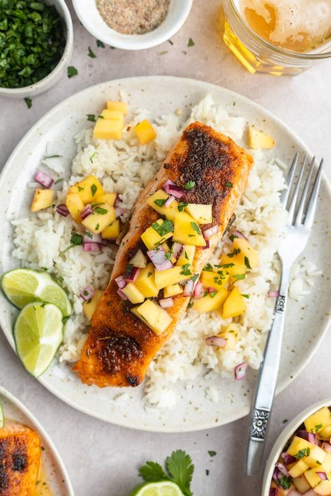 Salmon Mango Salsa, Salmon Mango, Salmon With Mango Salsa, Salmon With Mango, Jerk Salmon, Mango Salsa Salmon, 40 Aprons, Quick Protein, Easy Skillet Meals