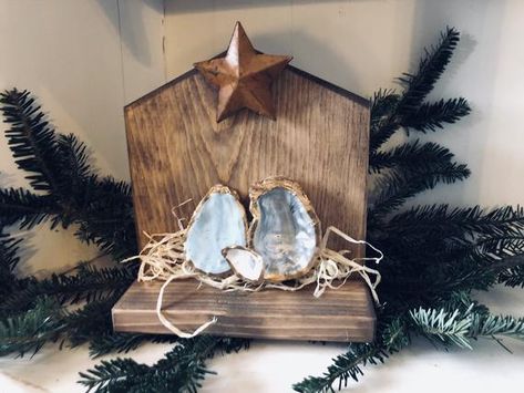 Oyster Shell Nativity Scene, Nativity Shell Ornaments, Shell Nativity Set, Nativity Oyster Shell, Angel Oyster Shell Ornament, Bird Crafts, Oyster Shells, Coastal Christmas, Dark Stains