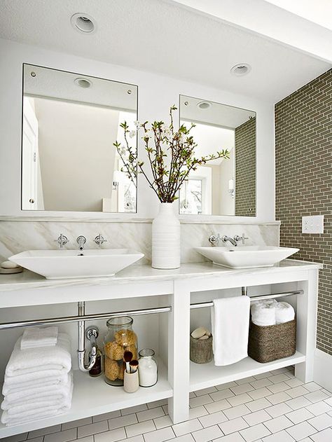 Combining the traditional look of marble with the modern vessel sink offers an up-to-date yet timeless design aesthetic. Open storage under ... Small Farmhouse Bathroom, Farmhouse Bathroom Design, Herringbone Backsplash, Small Farmhouse, Vanity Design, Bathroom Renos, Cool Ideas, Farmhouse Bathroom, Beautiful Bathrooms