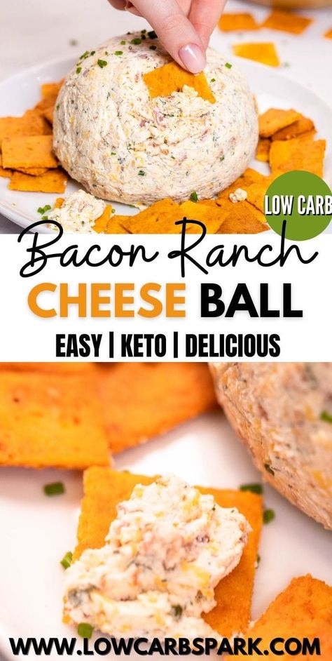 This Bacon Ranch Cheese Ball recipe is easy to make and a hit at every party. It's the best cheese ball recipe, super creamy, loaded with crispy bacon, chives, and sharp cheddar. Ready in just 15 minutes, it's a must-have appetizer for any holiday table! The Best Cheese Ball, Cheddar Cheese Ball Recipes, Best Cheese Ball, Bacon Ranch Cheese Ball Recipe, Bacon Ranch Cheese Ball, Ranch Cheese Ball, Atkins Snacks, Cheese Ball Dip, Cheddar Cheese Ball