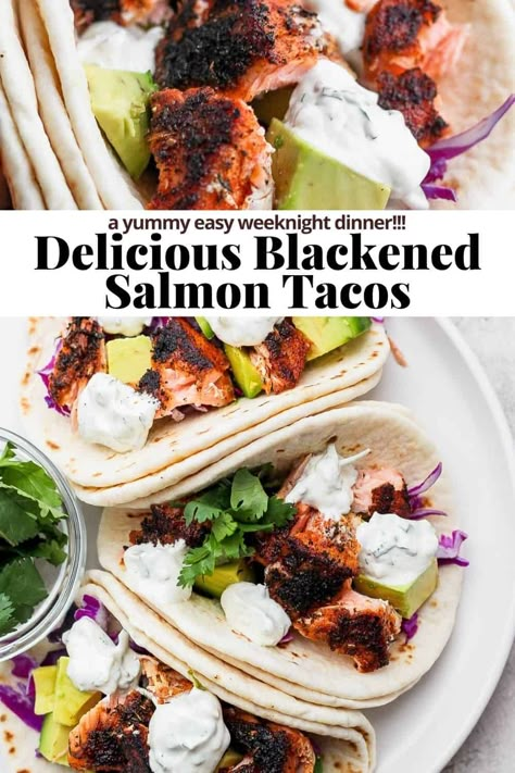 Blackened Salmon Tacos Recipe, Blackened Salmon Tacos, Blackened Salmon Recipes, Salmon Tacos Recipe, Oven Salmon, Cilantro Recipes, Blackened Salmon, Salmon Tacos, Low Carb Vegetarian